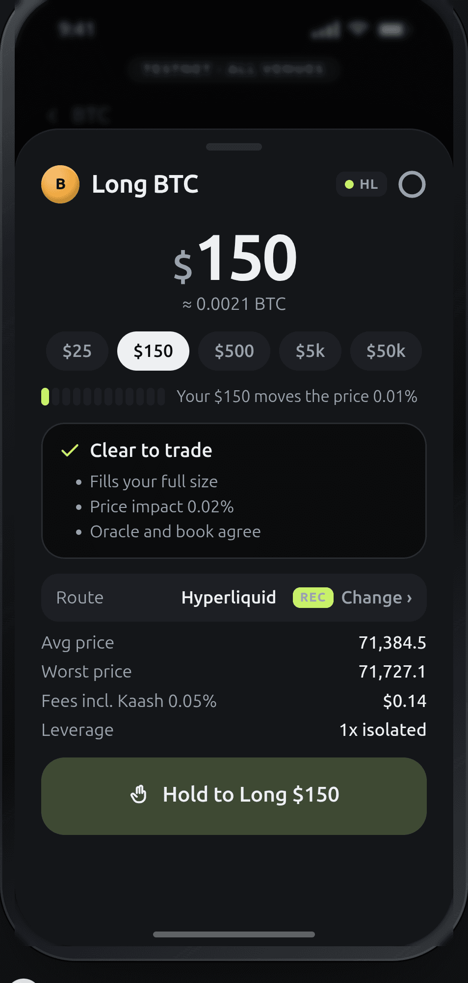 Kaash order ticket showing a Clear to trade verdict with three reasons